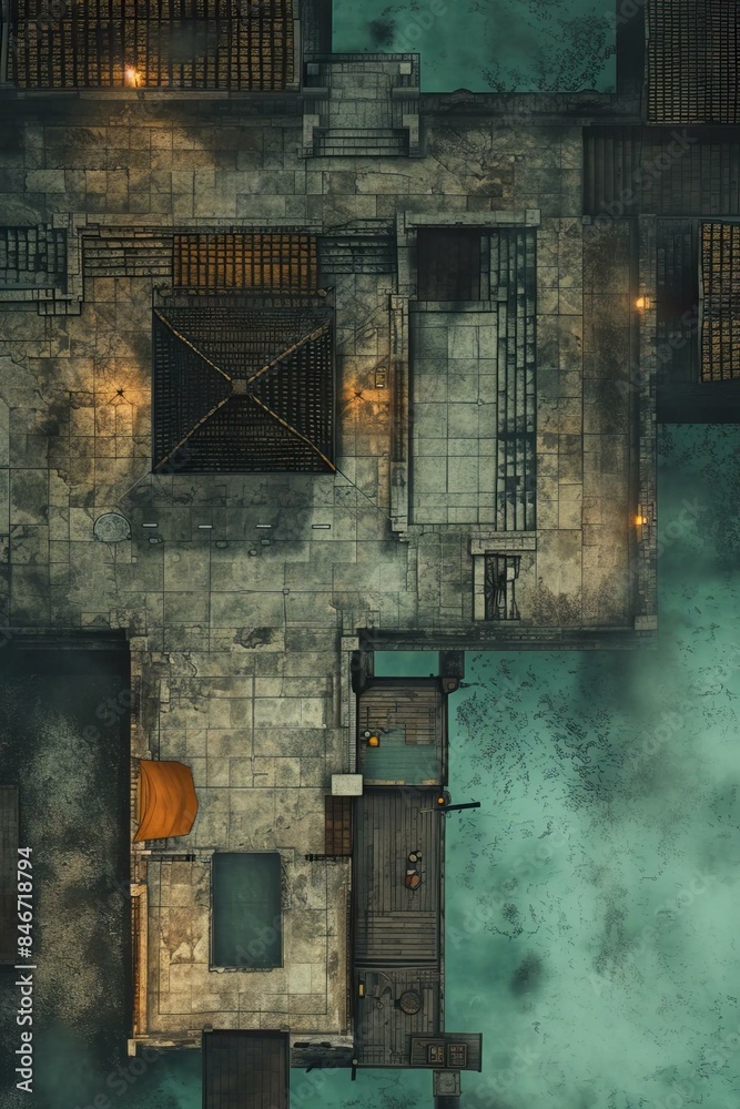 DnD Battlemap Foggy Dock: Misty waterfront with opened doors. DnD Battlemap Foggy Dock: Misty waterfront with opened doors.