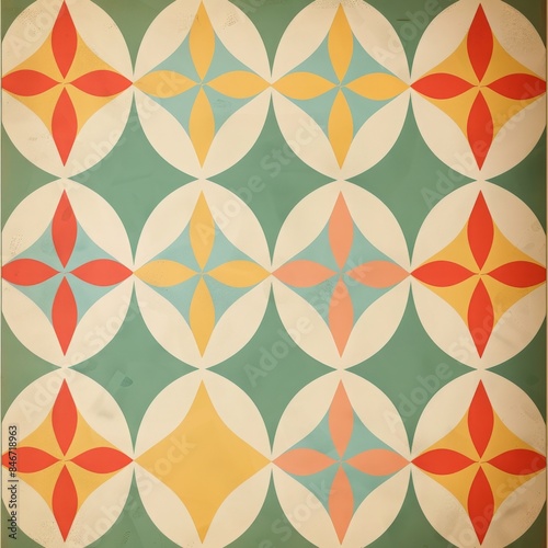 Pattern minimalist background. Vintage geometric pattern with colorful shapes in red, yellow, blue, and teal on a green background for retro wallpaper and fabric design, vintage design and print