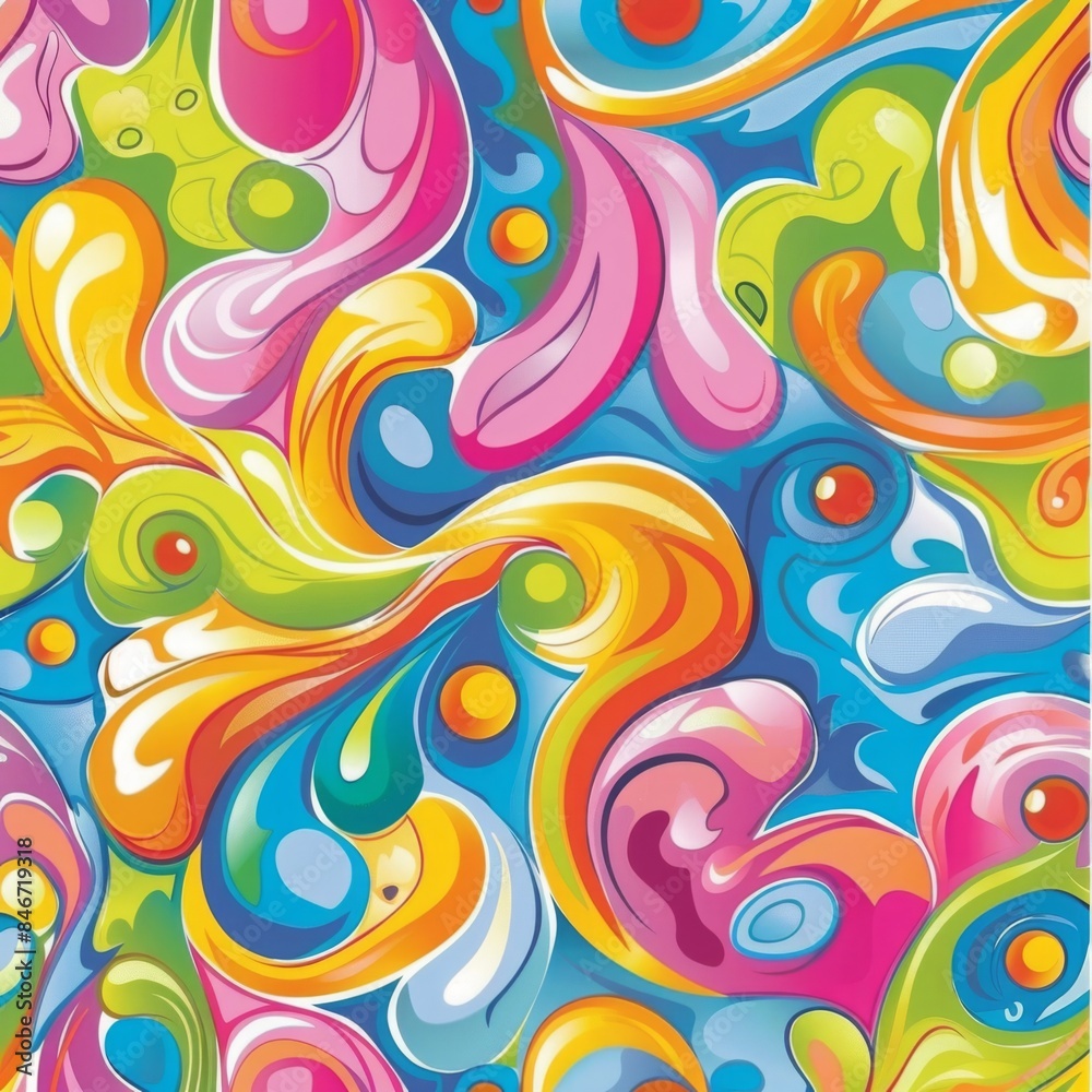 Bright and colorful abstract pattern with flowing shapes and circles in shades of blue, green, yellow, orange, and pink. Seamless pattern for design and print, pattern cartoon background Bright and colorful abstract pattern with flowing shapes and circles in shades of blue, green, yellow, orange, and pink. Seamless pattern for design and print, pattern cartoon background