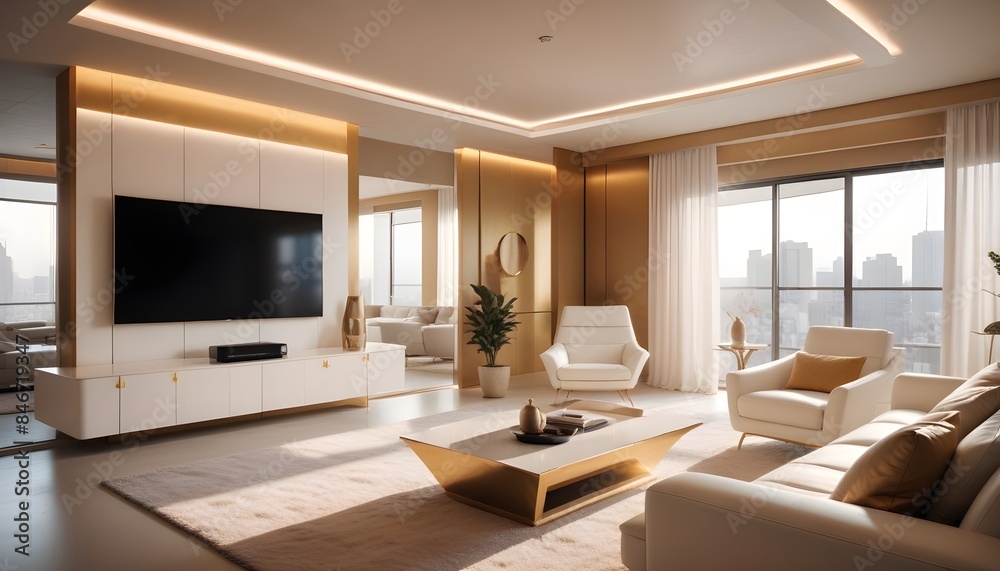 High end modern living room with white leather couch and a large flat screen tv mounted on the wall, brutalist architecture mixed with modern futuristic minimal design High end modern living room with white leather couch and a large flat screen tv mounted on the wall, brutalist architecture mixed with modern futuristic minimal design