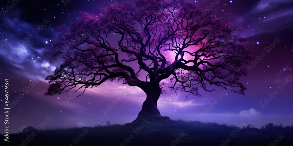 Obraz premium Purple sky in the night with many stars and magic fantasy tree on background scene