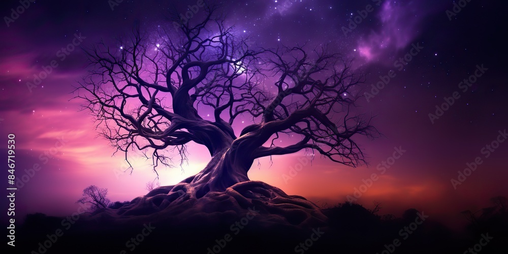 Purple sky in the night with many stars and magic fantasy tree on background scene Purple sky in the night with many stars and magic fantasy tree on background scene