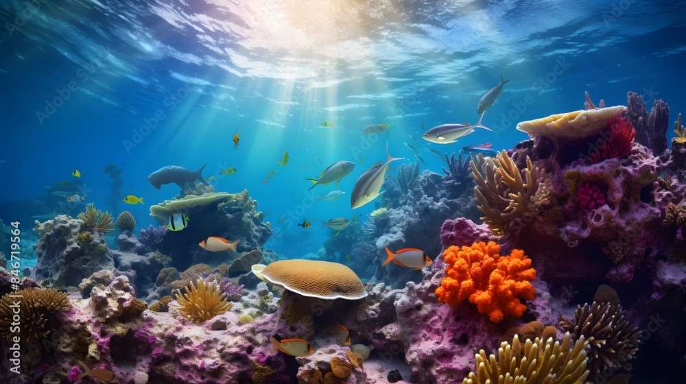 Obraz premium Beautiful underwater scenery with various types of fish and coral reefs Generative AI