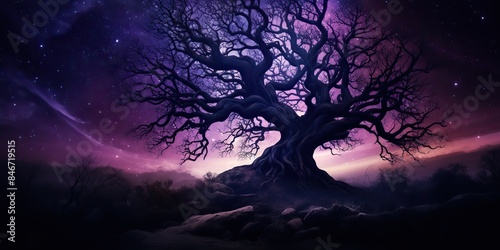 Purple sky in the night with many stars and magic fantasy tree on background scene © Graphic Warrior