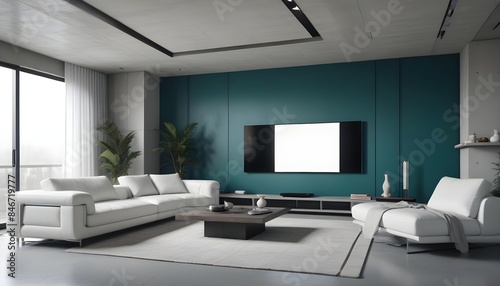 High end modern living room with white leather couch and a large flat screen tv mounted on the wall, brutalist architecture mixed with modern futuristic minimal design