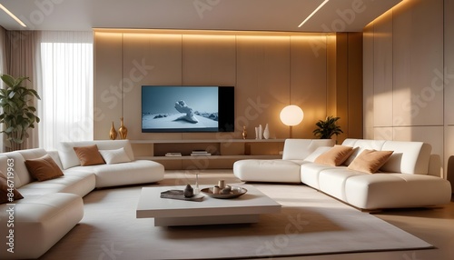 High end modern living room with white leather couch and a large flat screen tv mounted on the wall, brutalist architecture mixed with modern futuristic minimal design