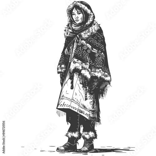 Eskimo Girl in Fur, Hand-Drawn Vector Illustration, Traditional Arctic Clothing