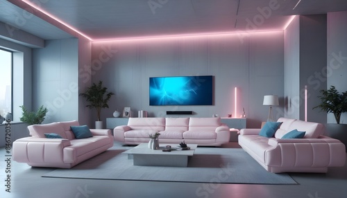 High end modern living room with white leather couch and a large flat screen tv mounted on the wall, brutalist architecture mixed with modern futuristic minimal design