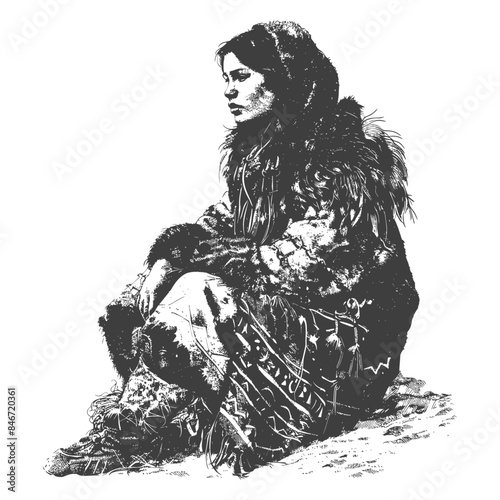 Pensive Inuit Woman: Vintage Engraving, Fur-Clad Figure in Profile, Historical Costume Illustration
