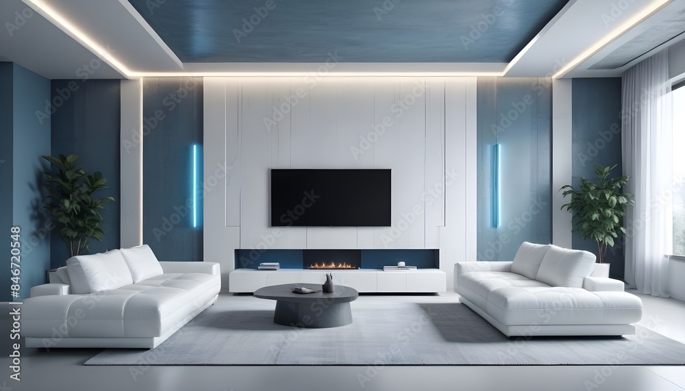 High end modern living room with white leather couch and a large flat screen tv mounted on the wall, brutalist architecture mixed with modern futuristic minimal design High end modern living room with white leather couch and a large flat screen tv mounted on the wall, brutalist architecture mixed with modern futuristic minimal design