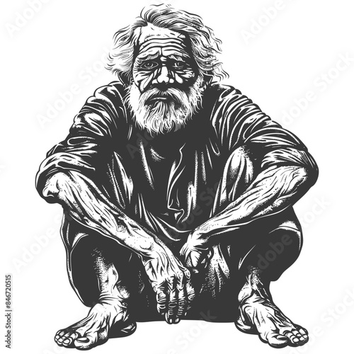 Monochrome Squatting Elder: Textured Lines, Wisdom, and Weariness.