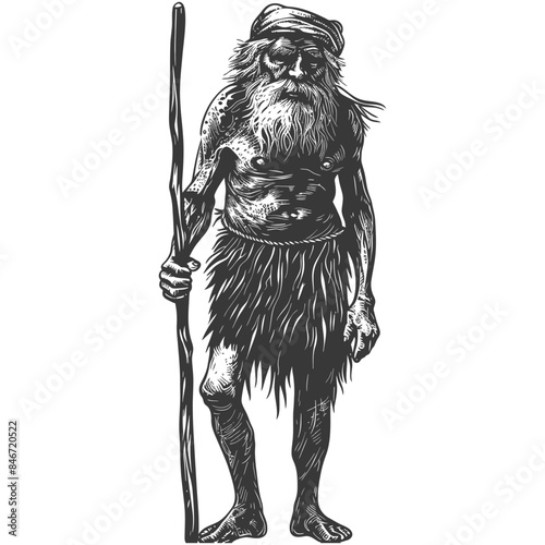 Tribal Elder: Engraved Illustration of an Old Man with Staff and Grass Skirt