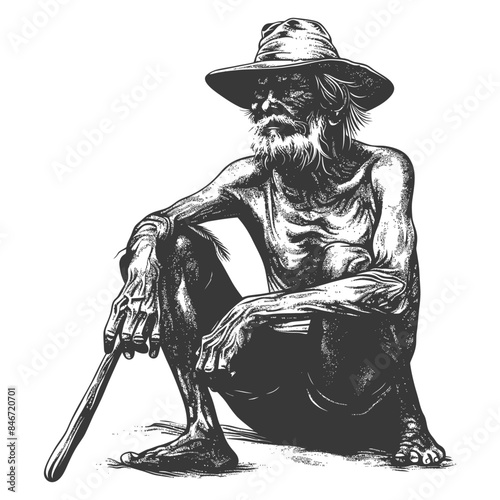 Etched Elder: Lean Squatter with Walking Stick, Sun Hat & Weathered Beard.