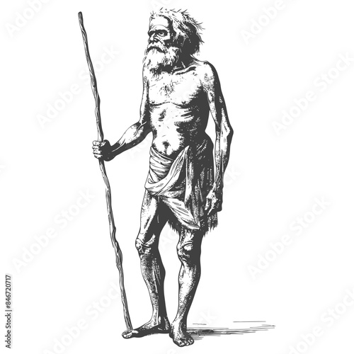 Hermit with Staff: Aged, Bare-Chested Man in Simple Cloth, Engraved Illustration