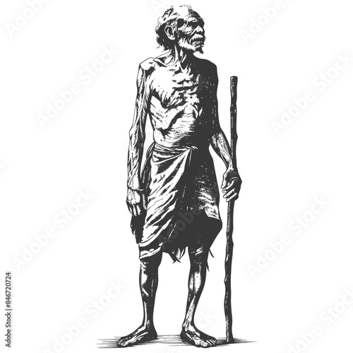 Etched Despair: Gaunt Man, Stick Figure in Torn Cloth, Bleak Journey.