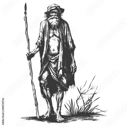 Pen & Ink Wanderer: Old Man, Staff, and Ragged Clothes.