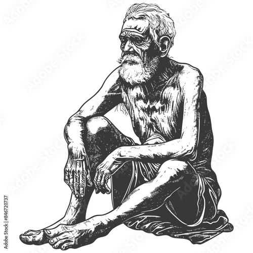 Etched Elder: Contemplative Man, White Beard, Sitting Cross-Legged, Grayscale Illustration, Detailed Wrinkles.