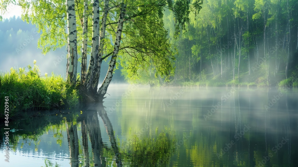 Obraz premium The forest lake in thick white morning fog. Emerald green grass close-up. Overcast weather. Atmospheric landscape. Eco tourism, environmental conservation
