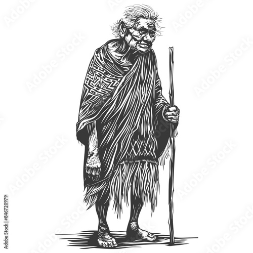 Woodcut Māori Elder: Traditional Cloak, Walking Stick, Ancient Wisdom.
