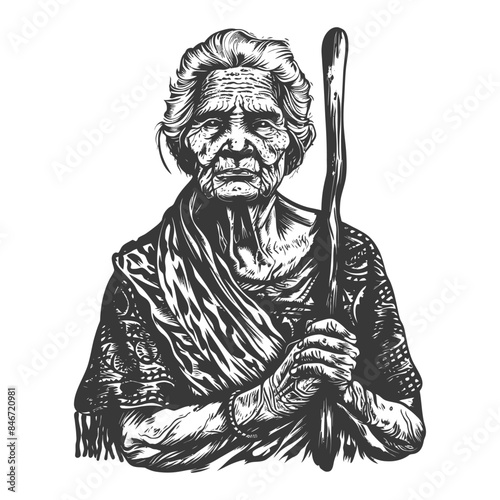 Wrinkled Wisdom: Engraved Portrait of Elderly Woman with Staff, Shawl, and Intricate Detail.