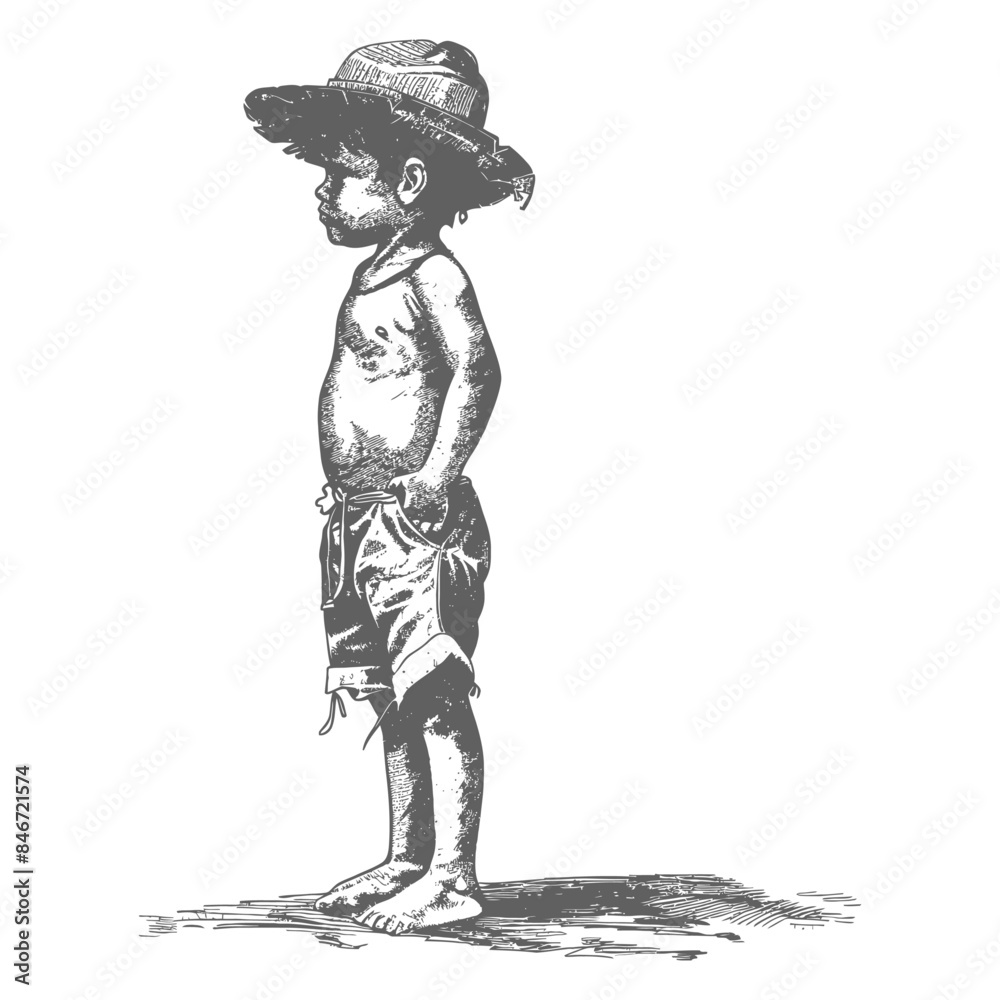 Fototapeta premium native australian tribe little boy full body with engraving style black color only