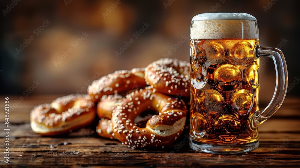 Beer mug and pretzels on wooden table closeup, bavarian beer festival concept