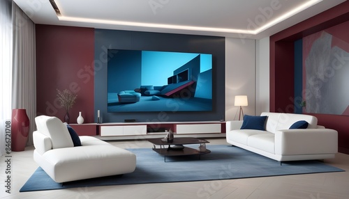 High end modern living room with white leather couch and a large flat screen tv mounted on the wall, brutalist architecture mixed with modern futuristic minimal design