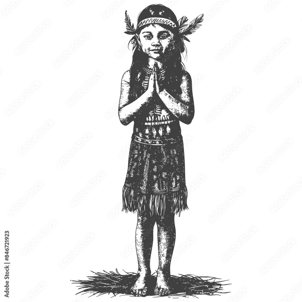Fototapeta premium native australian tribe little girl full body with engraving style black color only