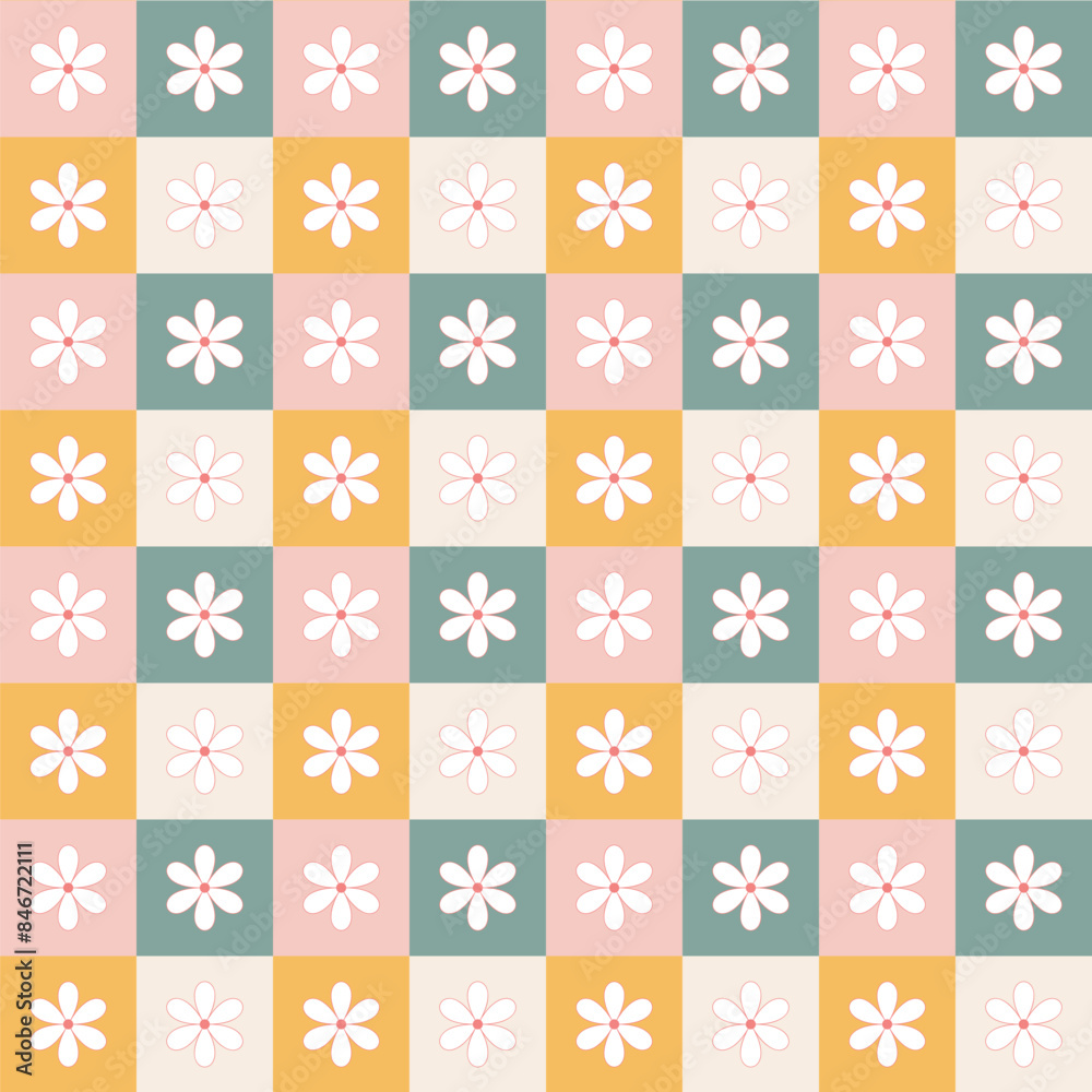 Seamless pattern with flowers.Geometric abstract background.Daisy in square vector graphic illustration. Seamless pattern with flowers.Geometric abstract background.Daisy in square vector graphic illustration.