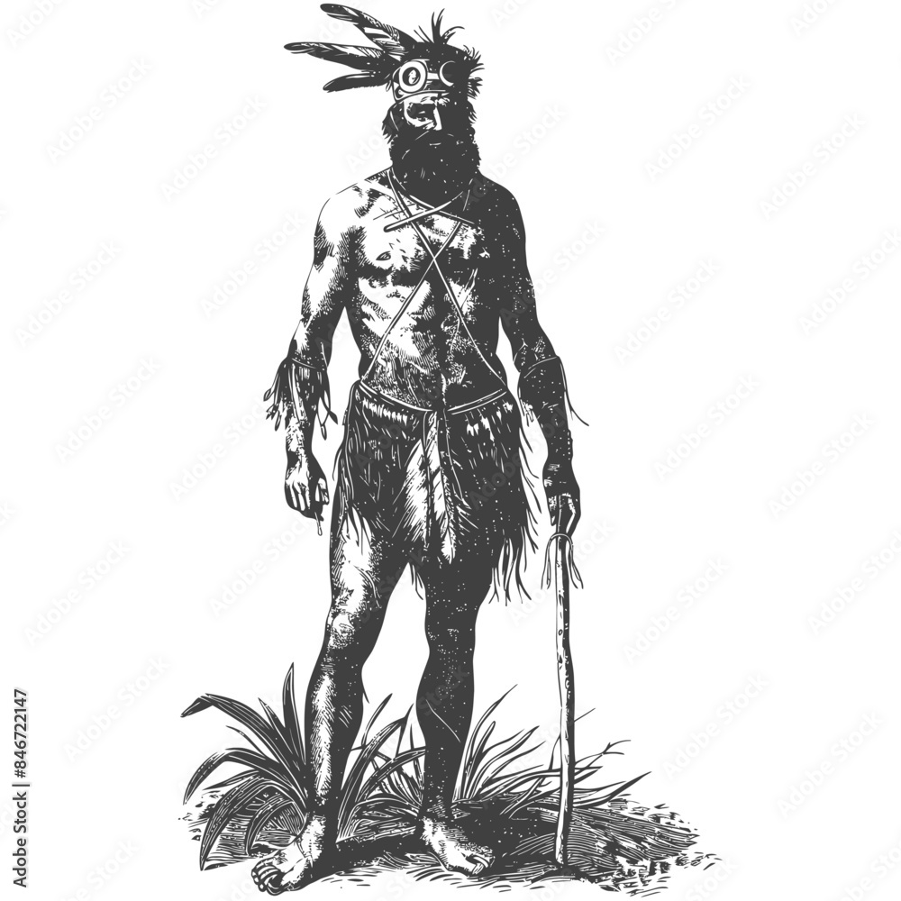 Fototapeta premium native australian tribe man full body with engraving style black color only