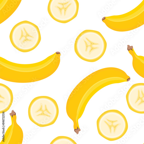Bananas fruit and slices seamless pattern. Food background. Vector cartoon flat illustration.
