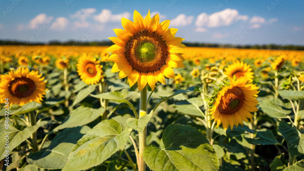 Fototapeta premium Wonderful panoramic view field of sunflowers by summertime