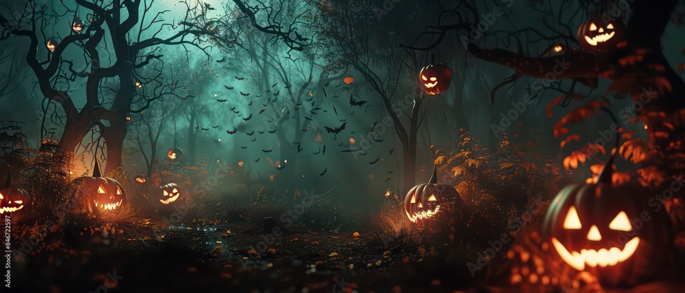Halloween background of a dark forest with twisted branches, thick mist, and ominous shadows Halloween background of a dark forest with twisted branches, thick mist, and ominous shadows