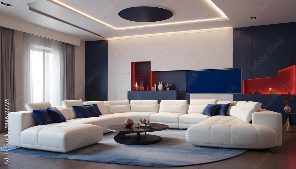 High end modern living room with white leather couch and a large flat screen tv mounted on the wall, brutalist architecture mixed with modern futuristic minimal design High end modern living room with white leather couch and a large flat screen tv mounted on the wall, brutalist architecture mixed with modern futuristic minimal design