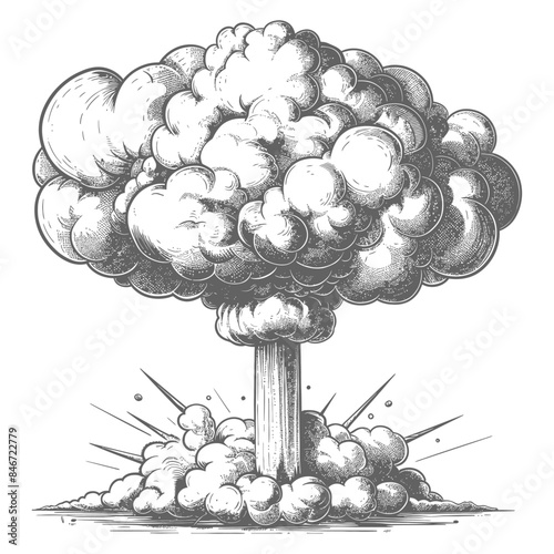 Engraved Mushroom Cloud: Atomic Explosion, Vintage Style Vector Illustration.