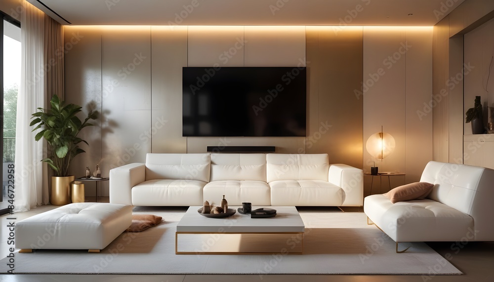 High end modern living room with white leather couch and a large flat screen tv mounted on the wall, brutalist architecture mixed with modern futuristic minimal design High end modern living room with white leather couch and a large flat screen tv mounted on the wall, brutalist architecture mixed with modern futuristic minimal design