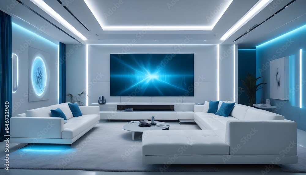 High end modern living room with white leather couch and a large flat screen tv mounted on the wall, brutalist architecture mixed with modern futuristic minimal design High end modern living room with white leather couch and a large flat screen tv mounted on the wall, brutalist architecture mixed with modern futuristic minimal design