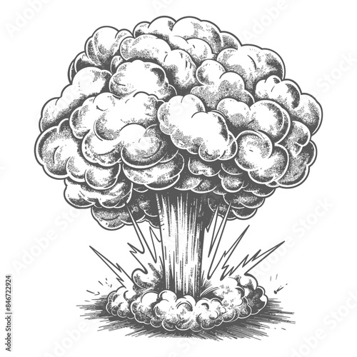 Engraved Atomic Explosion: Stylized Mushroom Cloud, Detailed Shading, Retro Nuclear Threat Illustration.