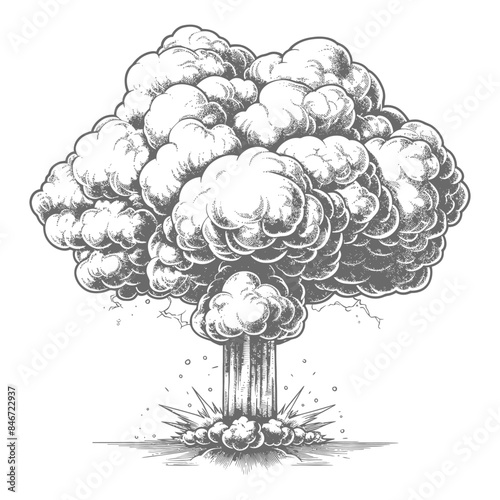 Engraved Mushroom Cloud: Atomic Explosion, Detailed Illustration.