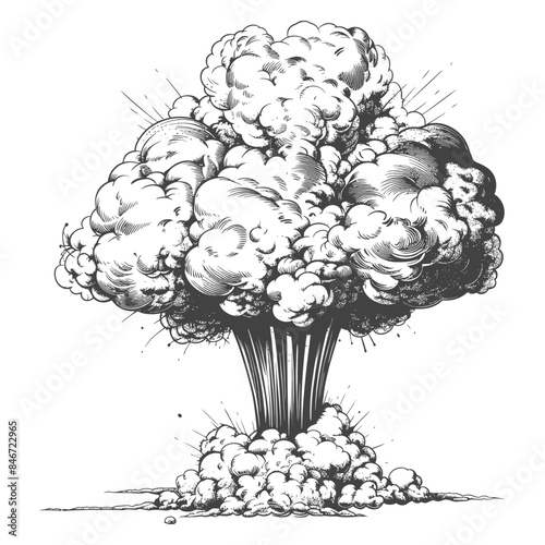 Detailed Pen & Ink Mushroom Cloud: Nuclear Explosion, Vintage Style, War Concept.