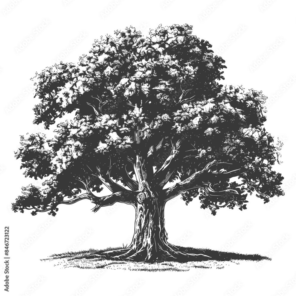 Fototapeta premium Etched Oak: Gnarled Trunk, Dense Foliage, Detailed Line Art.
