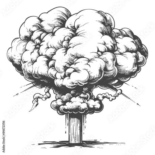 Etched Mushroom Cloud: Detailed Vintage Style Explosion Illustration