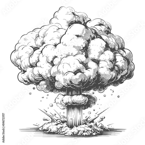 Monochrome Mushroom Cloud Sketch: Rising Column of Smoke, Vector Illustration