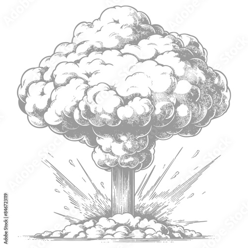 Pencil Sketch of a Mushroom Cloud: Atomic Explosion Art, Gray Scale.