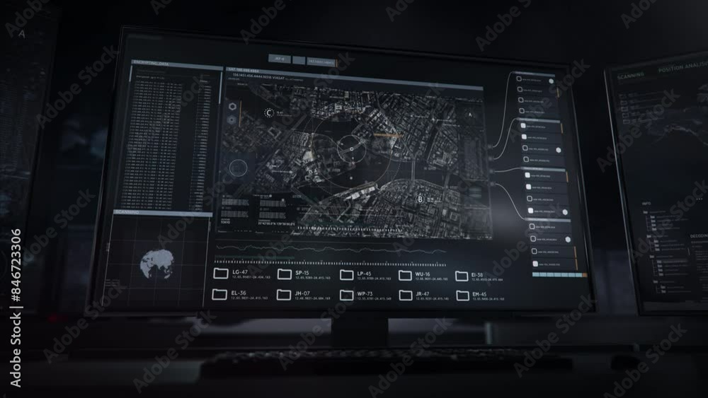 Inside a dark hall. Data, images, informations and files appearing on screen. Territory check-up analysis. The officer is using a modern program to detect the location of an implemented bomb in Tokyo Inside a dark hall. Data, images, informations and files appearing on screen. Territory check-up analysis. The officer is using a modern program to detect the location of an implemented bomb in Tokyo