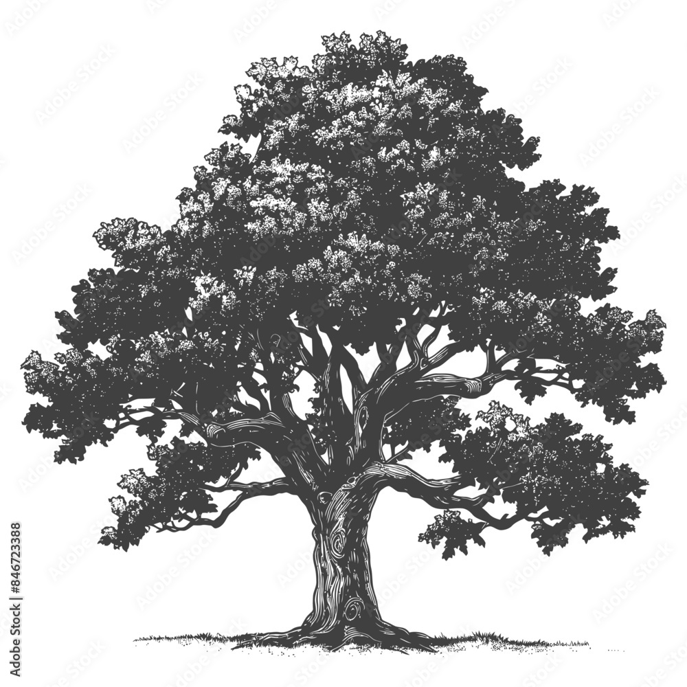 Fototapeta premium Detailed Oak Tree Engraving: Vintage Botanical Illustration, Isolated on White.