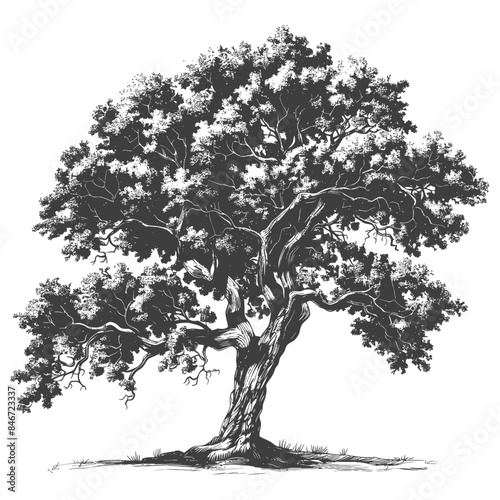 Detailed Oak Tree Sketch: Textured Trunk, Dense Foliage, Vintage Botanical Illustration.