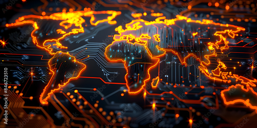Glowing circuits in world map shape. Glowing circuits in world map shape.