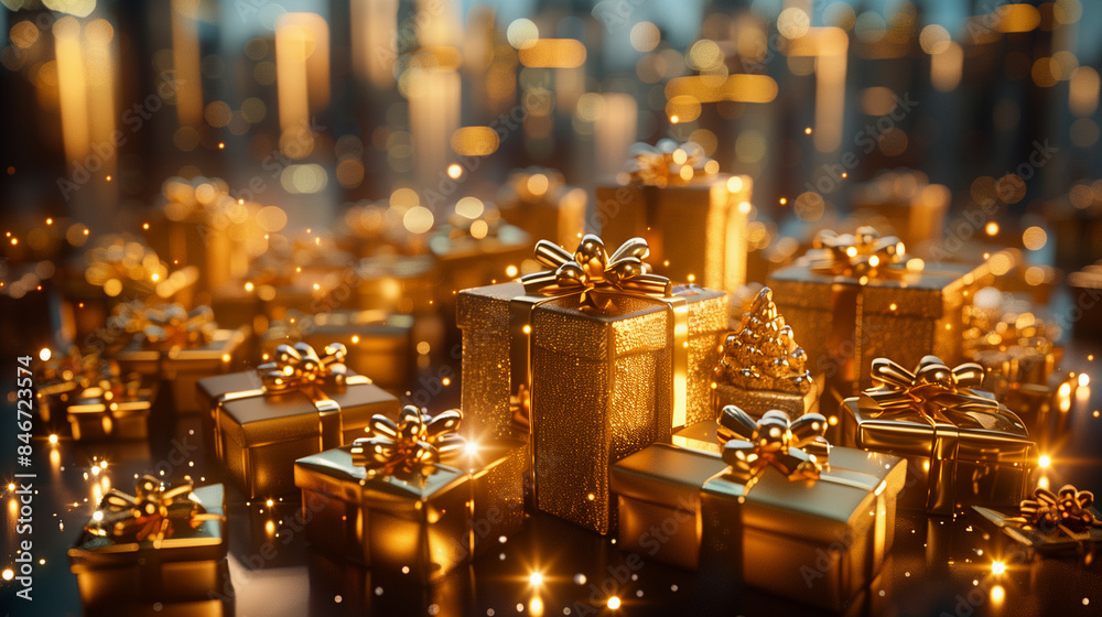 Golden presents stacks on abstract festive background