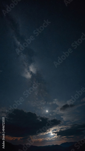 Celestial moon amidst starry night sky and drifting clouds